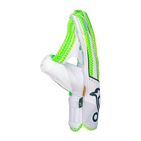The Kookaburra LC Pro Wicket Keeping Gloves 2026 by Kookaburra are shown upright with palm facing left, in white and neon green, featuring textured grip, patterned details, aniline sheep leather for comfort, shock absorption, and a penguin logo on the wrist strap.