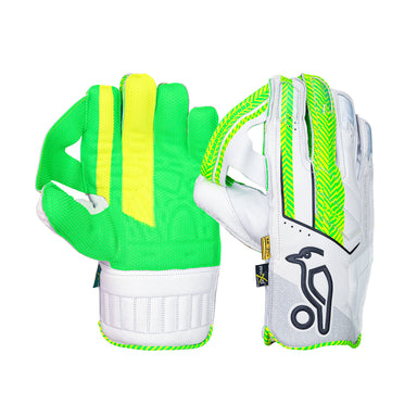 The Kookaburra LC Pro Wicket Keeping Gloves 2026 feature a green and yellow aniline sheep leather palm for top shock absorption, plus a white back with green accents and Kookaburra's bird logo.