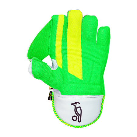 The Kookaburra SC Pro Wicket Keeping Gloves 2026 feature bright green and yellow premium sheep leather, a white wristband, and a black Kookaburra bird logo on a cricket ball, all displayed against a white background.