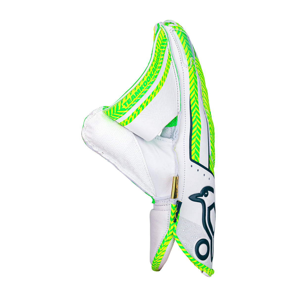 The Kookaburra SC Pro Wicket Keeping Gloves 2026 feature white and neon green premium sheep leather, a Shorti cut design, and the iconic bird logo, shown side-on against a plain white background.