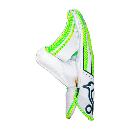 The Kookaburra SC Pro Wicket Keeping Gloves 2026 feature white and neon green premium sheep leather, a Shorti cut design, and the iconic bird logo, shown side-on against a plain white background.