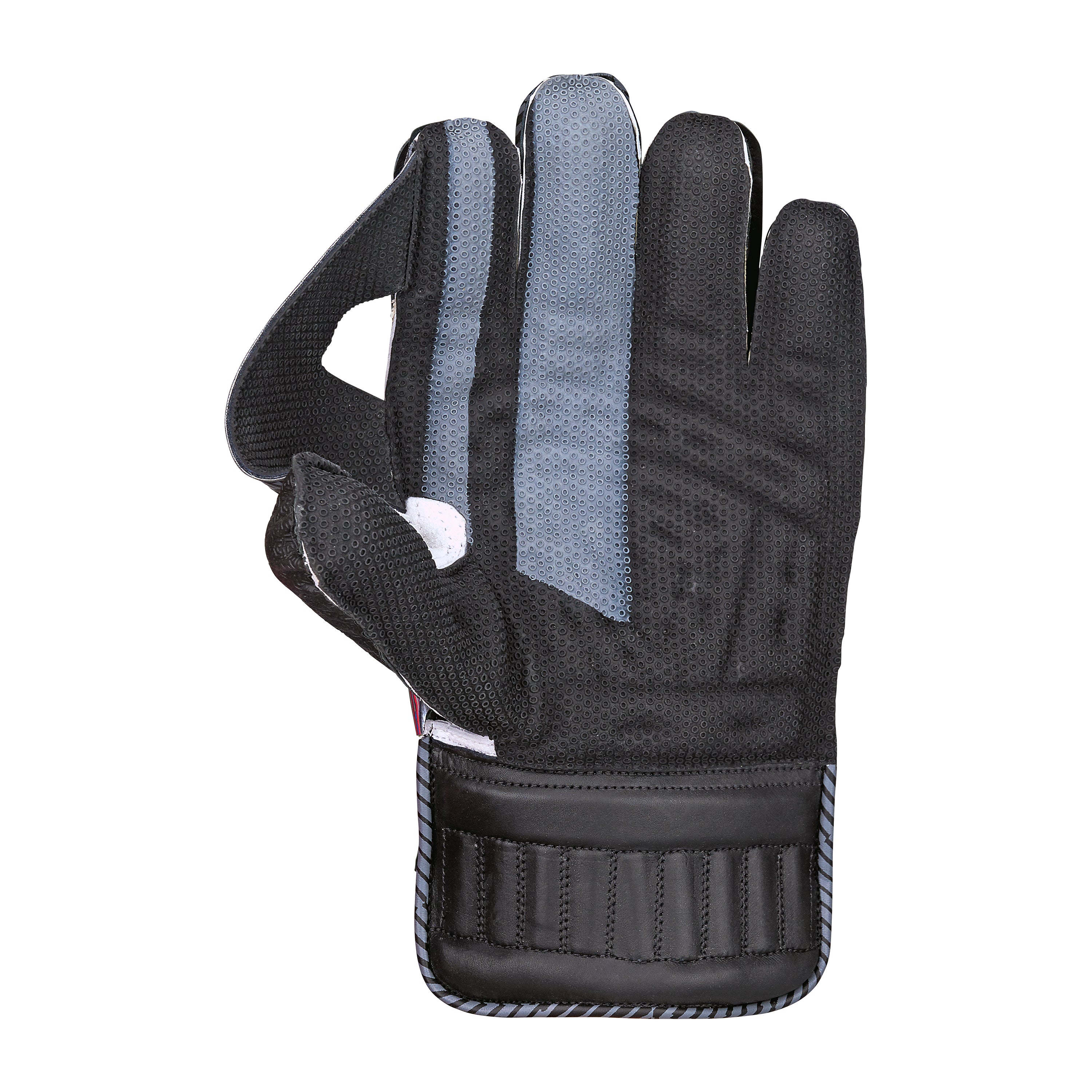 The Kookaburra LC 1.0 Wicket Keeping Glove 2026 in black and gray features a Velcro strap, textured fabric, and padded wrist for comfort, shown palm up against a white background.