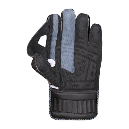 The Kookaburra LC 1.0 Wicket Keeping Glove 2026 in black and gray features a Velcro strap, textured fabric, and padded wrist for comfort, shown palm up against a white background.