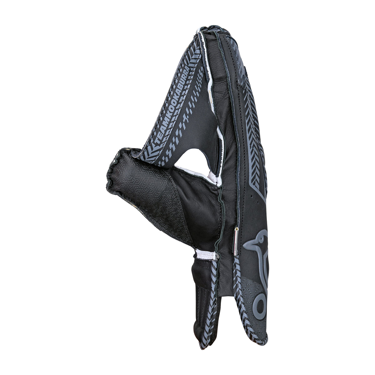 The Kookaburra LC 1.0 Wicket Keeping Glove 2026 by Kookaburra features black padding, grey patterns, and a penguin logo, shown upright with the palm partly visible on a white background—perfect for professional wicketkeepers.