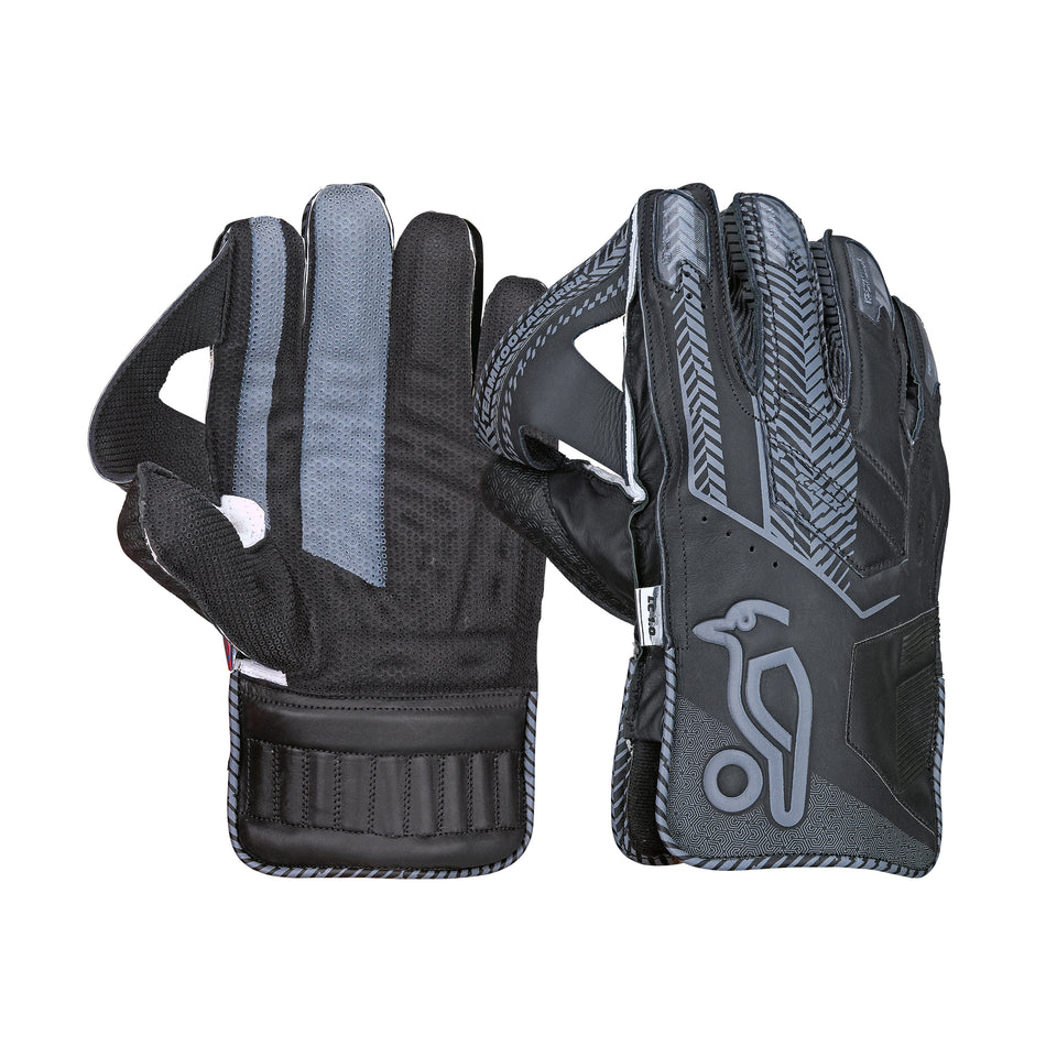 The Kookaburra LC 1.0 Wicket Keeping Gloves 2026 feature black and gray textured patterns with the bird logo on the back, shown with one glove palm up and the other palm down.