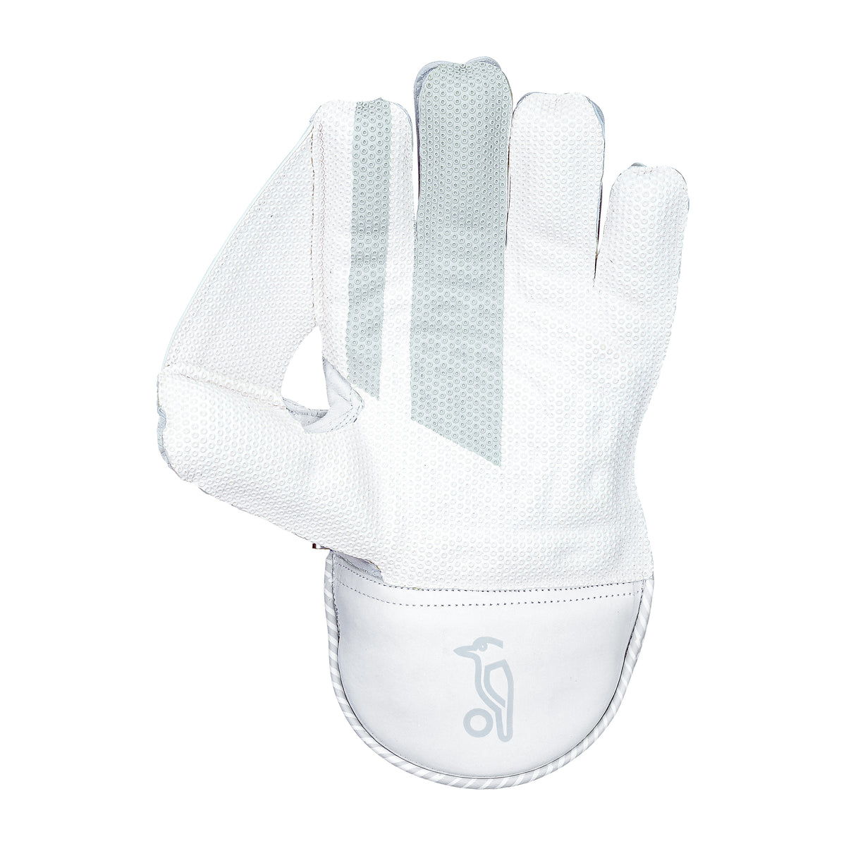 The Kookaburra SC 1.1 Wicket Keeping Glove 2026 by Kookaburra, shown palm-up on a white background, features a white left-handed design with grey accents and a wrist logo, crafted in the aniline sheep leather glove style.