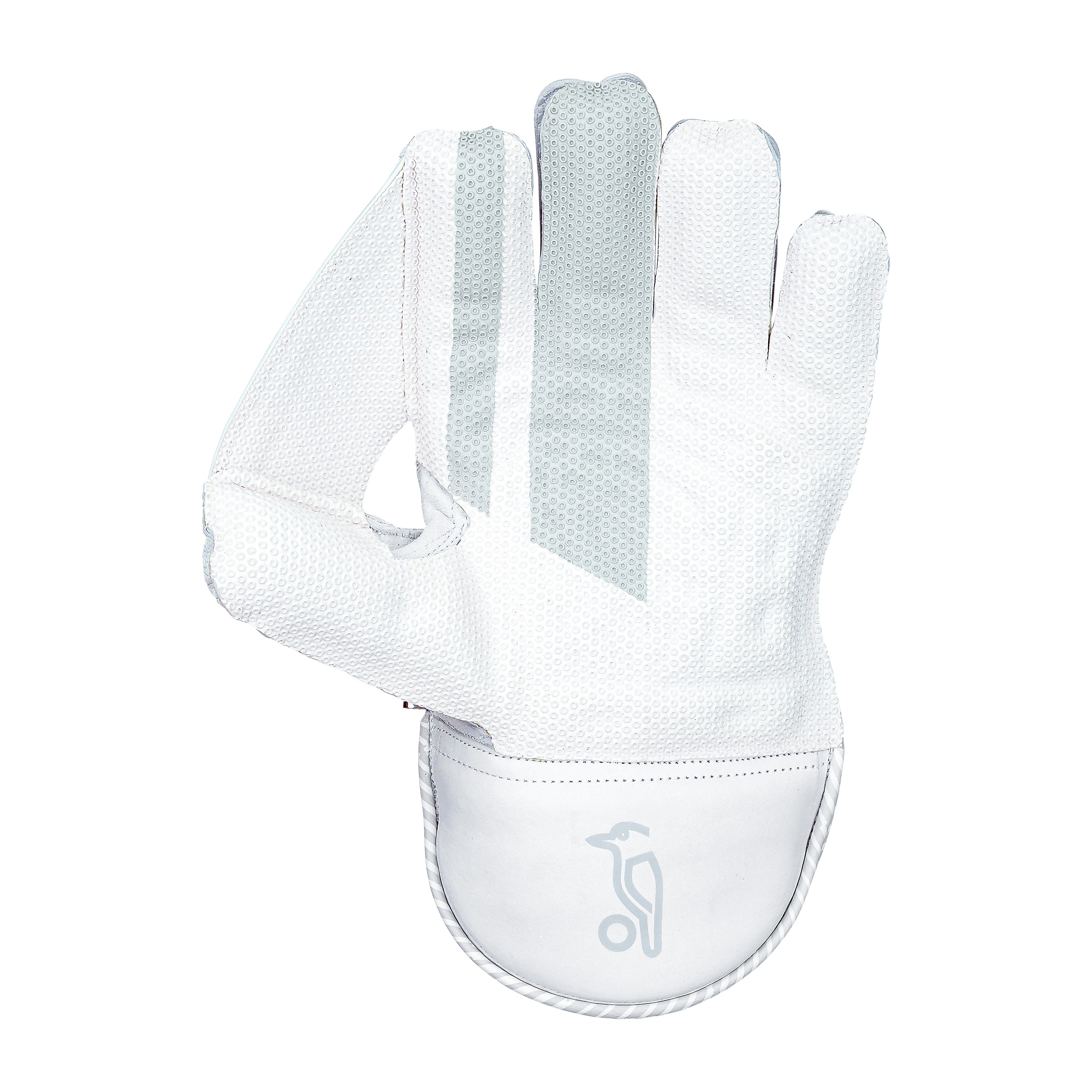 The Kookaburra SC 1.1 Wicket Keeping Glove 2026 by Kookaburra, shown palm-up on a white background, features a white left-handed design with grey accents and a wrist logo, crafted in the aniline sheep leather glove style.