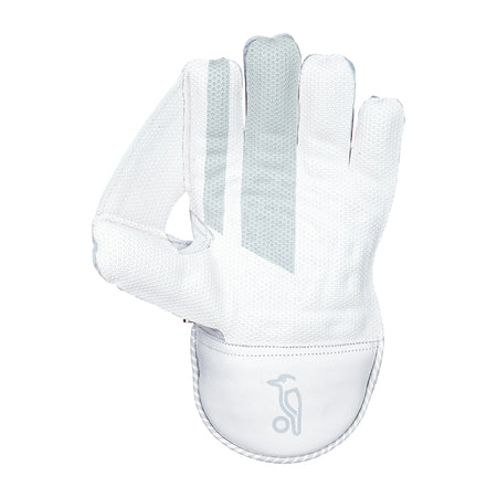 The Kookaburra SC 1.1 Wicket Keeping Glove 2026 by Kookaburra, shown palm-up on a white background, features a white left-handed design with grey accents and a wrist logo, crafted in the aniline sheep leather glove style.