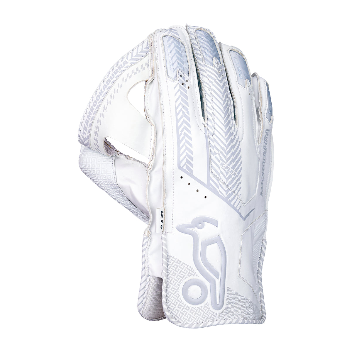 The Kookaburra LC 2.0 Wicket Keeping Gloves 2026 feature a white design with grey patterns and a stylized Kookaburra logo on the wrist, premium leather palms for comfort, and are shown from the back with slightly curved fingers.