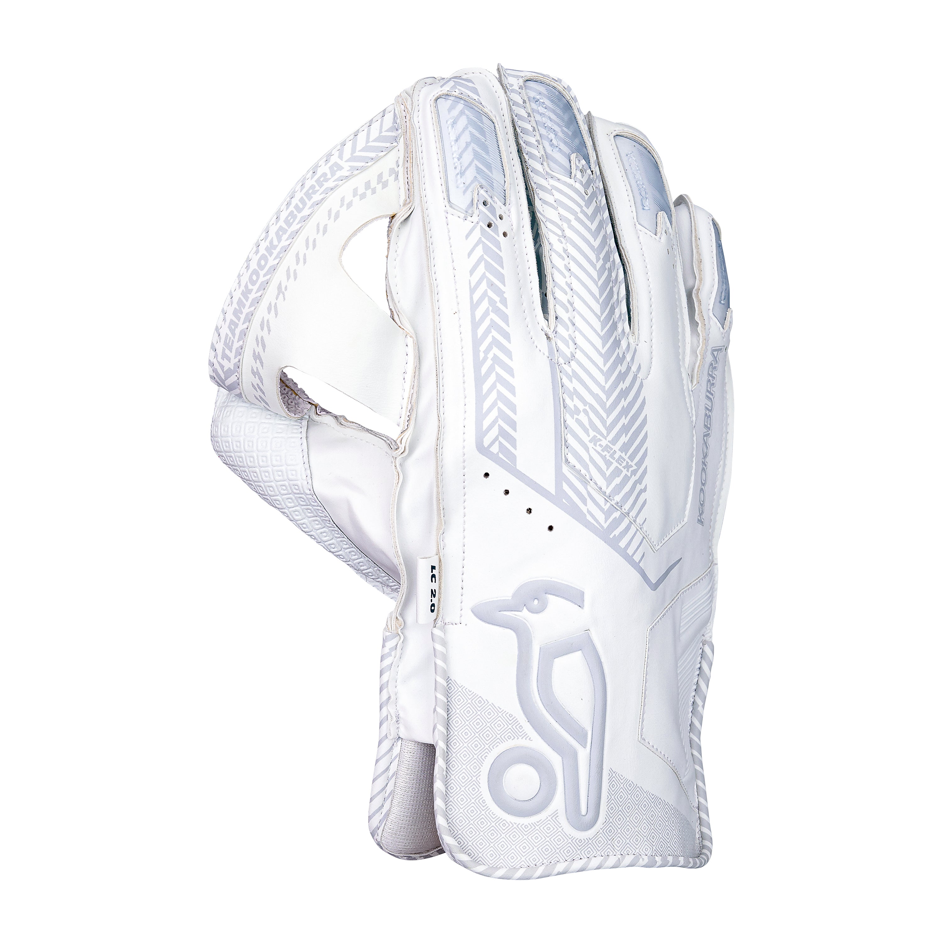 The Kookaburra LC 2.0 Wicket Keeping Gloves 2026 feature a white design with grey patterns and a stylized Kookaburra logo on the wrist, premium leather palms for comfort, and are shown from the back with slightly curved fingers.