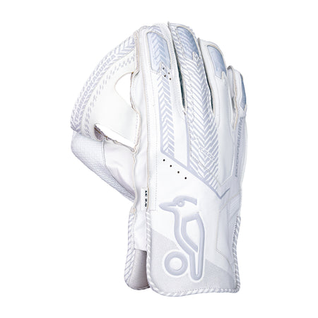 The Kookaburra LC 2.0 Wicket Keeping Gloves 2026 feature a white design with grey patterns and a stylized Kookaburra logo on the wrist, premium leather palms for comfort, and are shown from the back with slightly curved fingers.