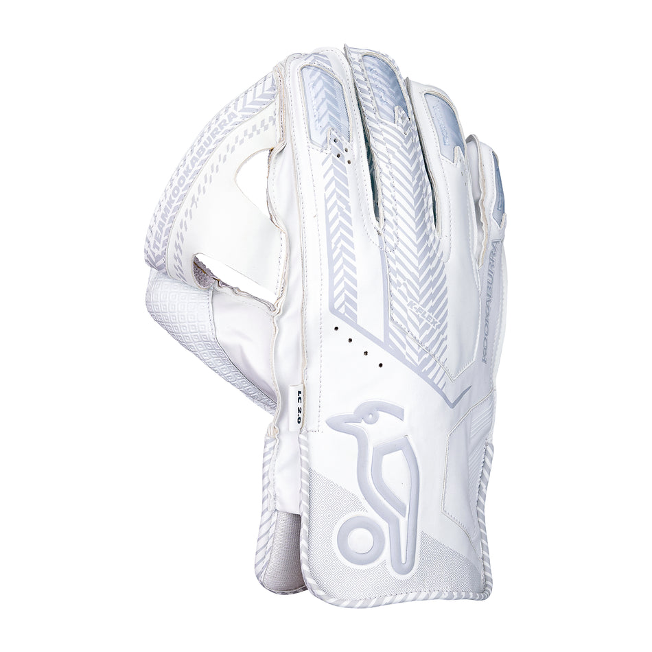 The Kookaburra LC 2.0 Wicket Keeping Gloves 2026 feature a white design with grey patterns and a stylized Kookaburra logo on the wrist, premium leather palms for comfort, and are shown from the back with slightly curved fingers.