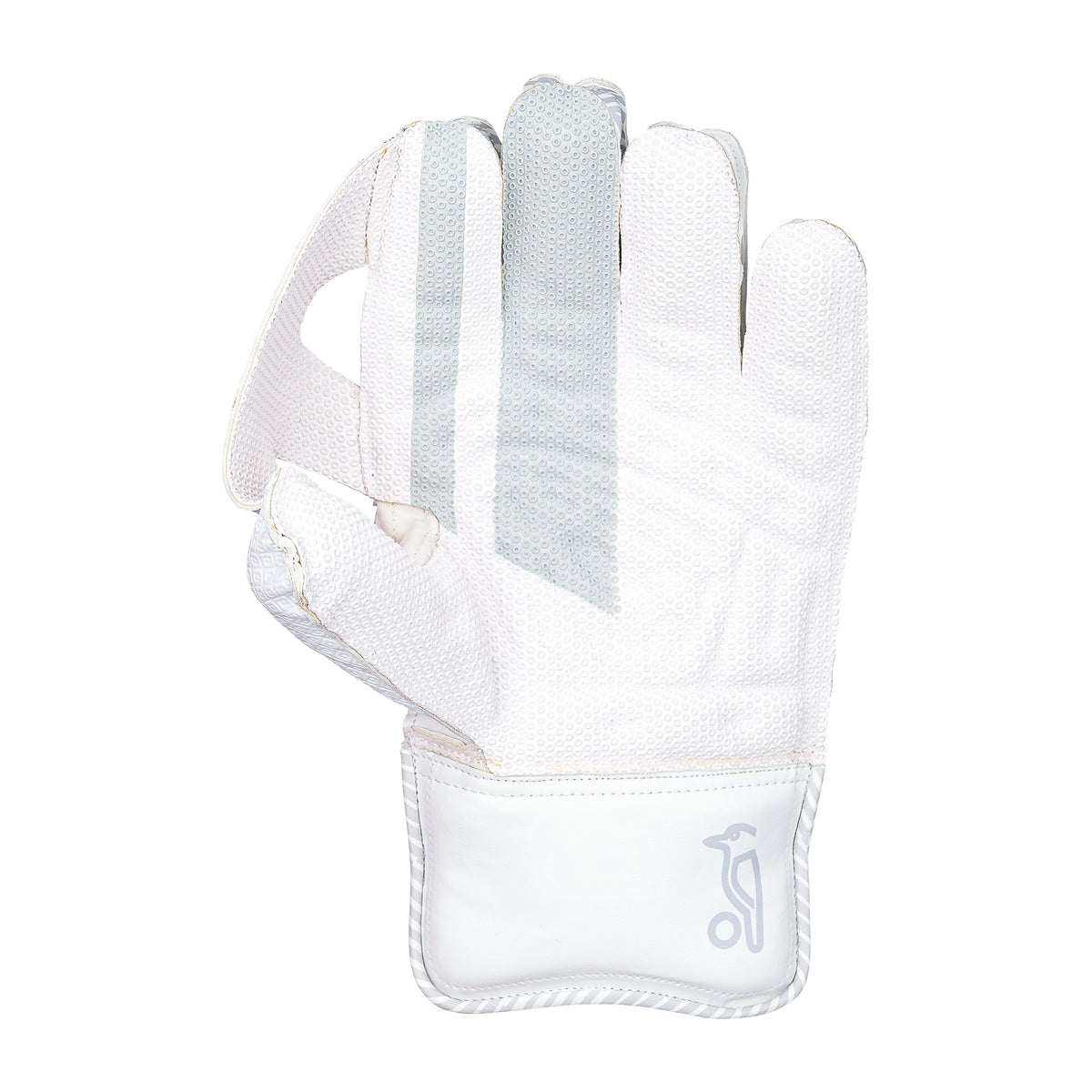 A single Kookaburra LC 2.0 Wicket Keeping Glove 2026 with premium white leather palm and light gray accents on the middle and index fingers, shown palm up on a white background. The Kookaburra logo appears on the wrist area.