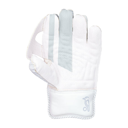 A single Kookaburra LC 2.0 Wicket Keeping Glove 2026 with premium white leather palm and light gray accents on the middle and index fingers, shown palm up on a white background. The Kookaburra logo appears on the wrist area.