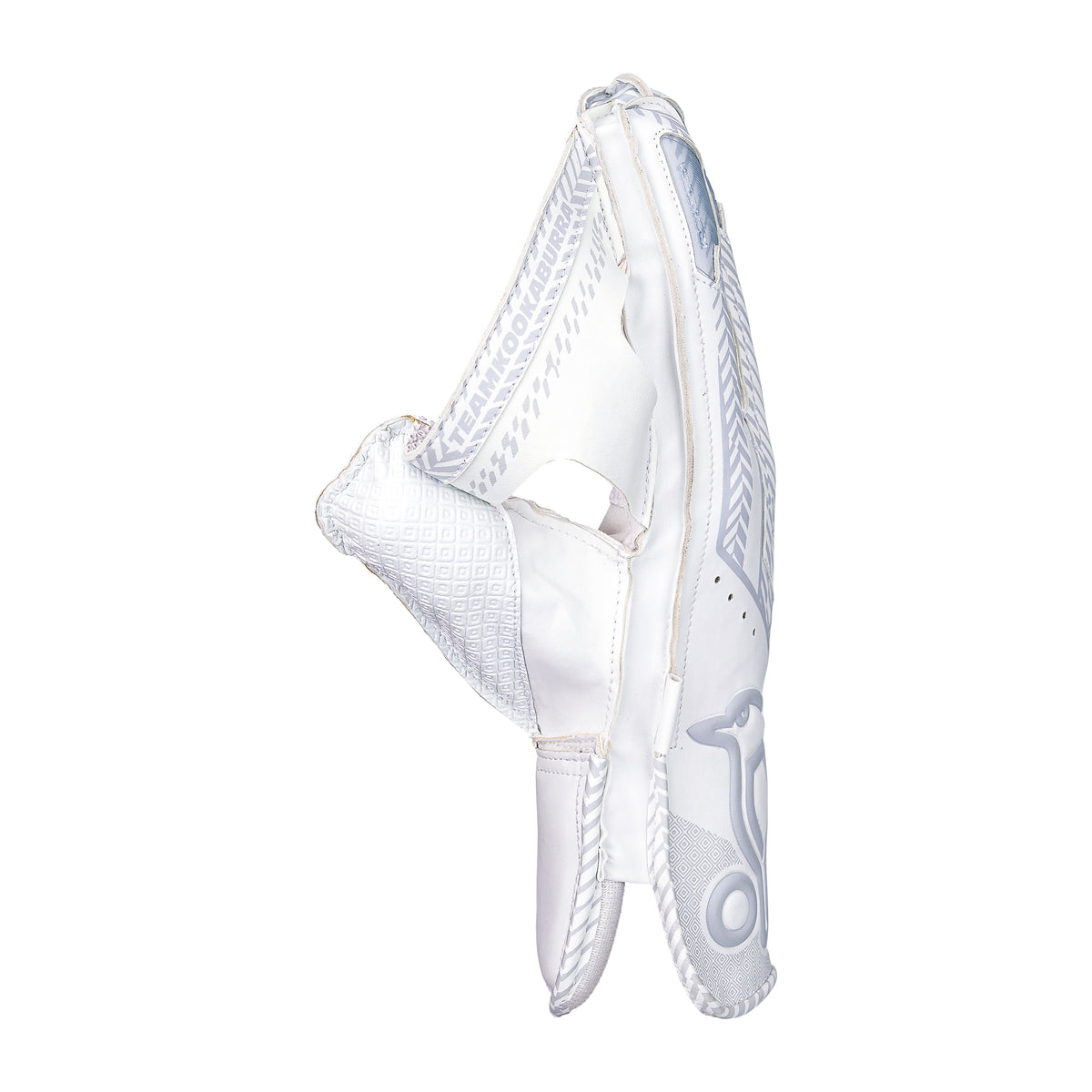 The Kookaburra LC 2.0 Wicket Keeping Gloves 2026 by Kookaburra feature a white design with subtle grey patterns, side profile padding details, and premium leather palms for enhanced grip and durability.