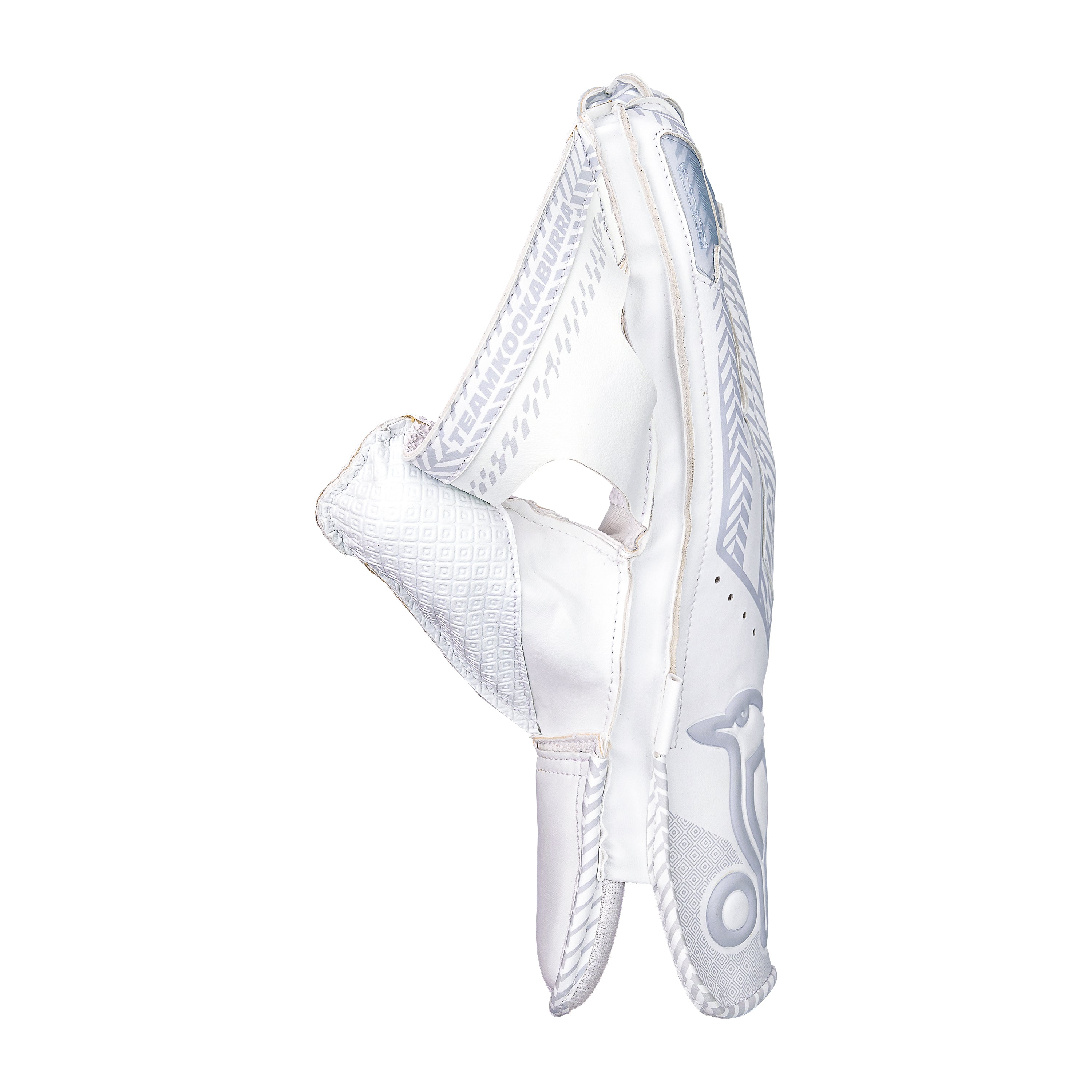 The Kookaburra LC 2.0 Wicket Keeping Gloves 2026 by Kookaburra feature a white design with subtle grey patterns, side profile padding details, and premium leather palms for enhanced grip and durability.