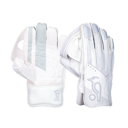 The Kookaburra LC 2.0 Wicket Keeping Gloves 2026 feature white and light grey premium leather palms, Octopus Grade 1 rubber grip, visible stitching, and the stylized Kookaburra bird logo on the wrist. One glove is palm-up, one palm-down.
