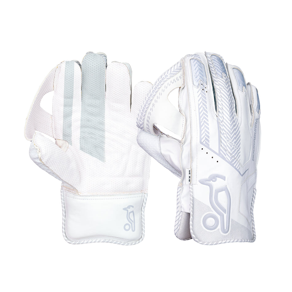 The Kookaburra LC 2.0 Wicket Keeping Gloves 2026 feature white and light grey premium leather palms, Octopus Grade 1 rubber grip, visible stitching, and the stylized Kookaburra bird logo on the wrist. One glove is palm-up, one palm-down.