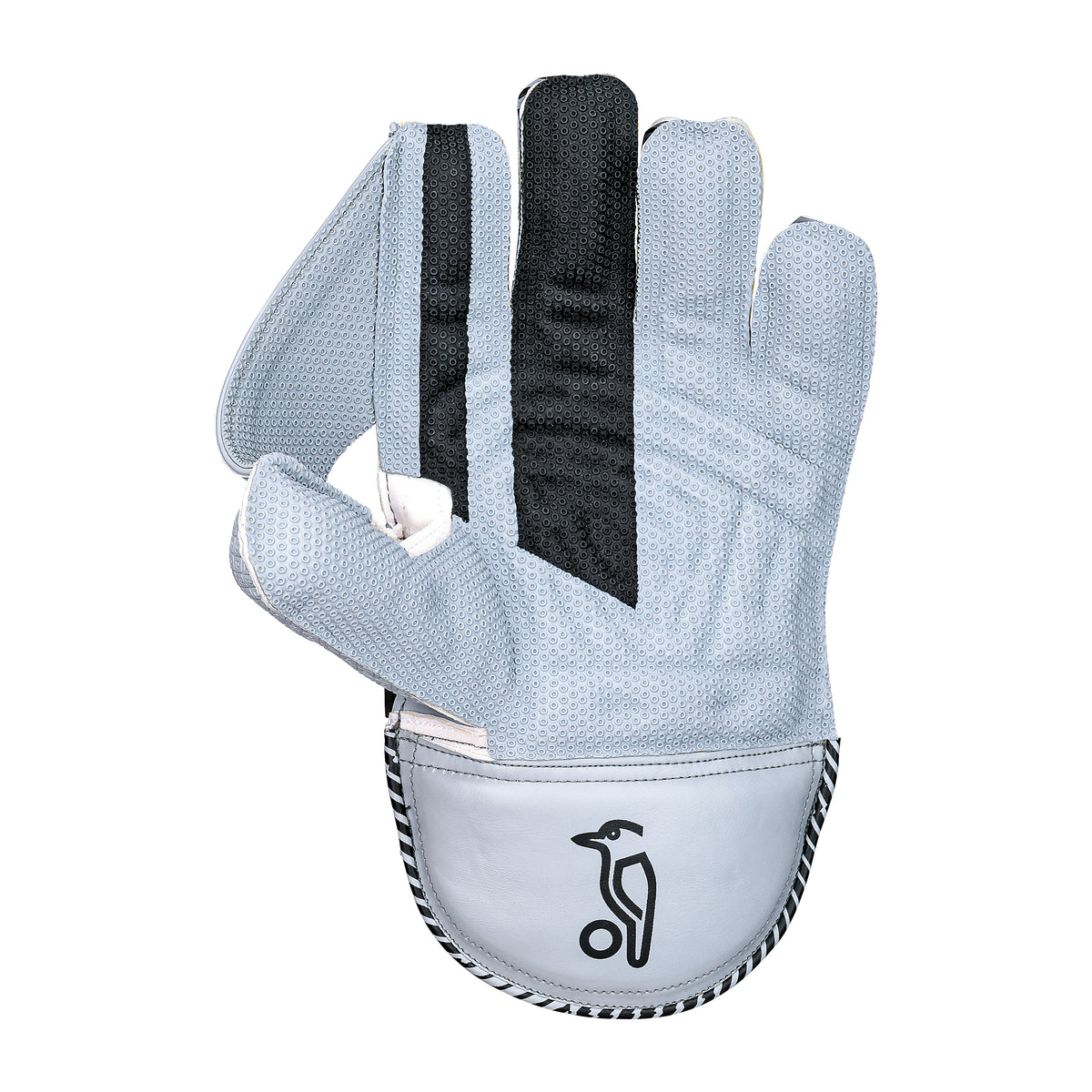 The Kookaburra SC 2.1 Wicket Keeping Gloves 2026 by Kookaburra are light gray with black accents, octopus rubber grip, and a penguin logo on the wrist, shown palm side up with the index finger bent inward.