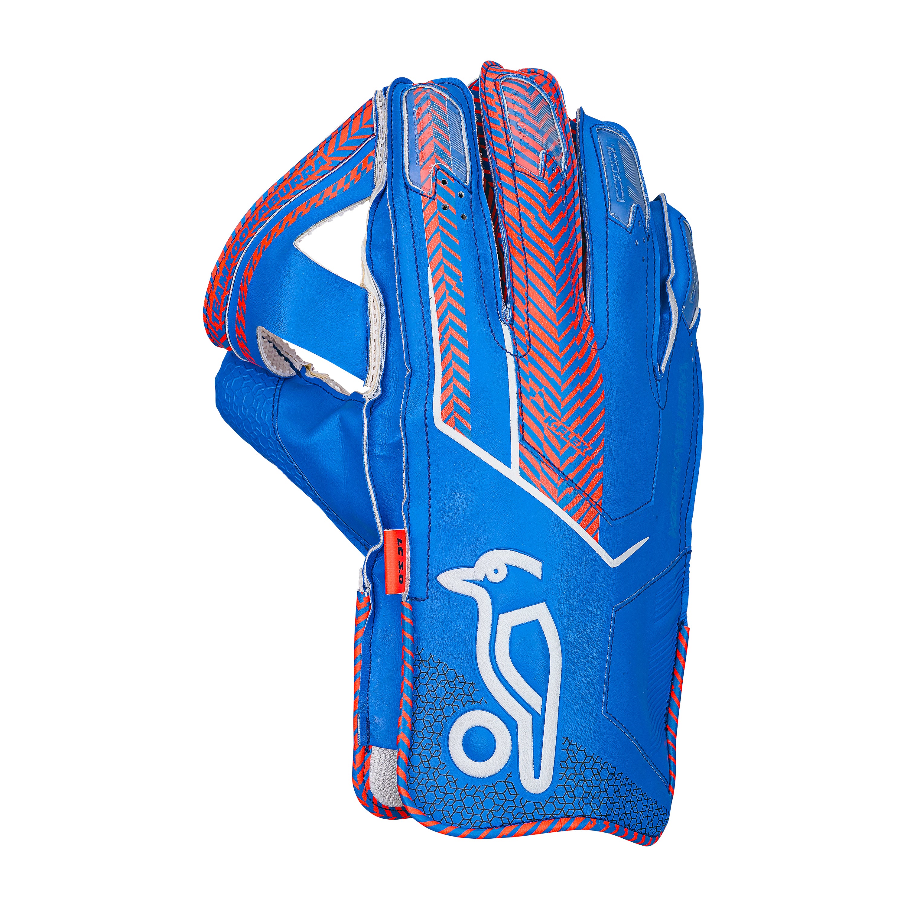 The Kookaburra LC 3.0 Wicket Keeping Gloves 2026 by Kookaburra features a blue design with red and white accents, a stylized bird logo, and geometric patterns on the back of the hand.
