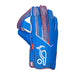 The Kookaburra LC 3.0 Wicket Keeping Gloves 2026 by Kookaburra features a blue design with red and white accents, a stylized bird logo, and geometric patterns on the back of the hand.