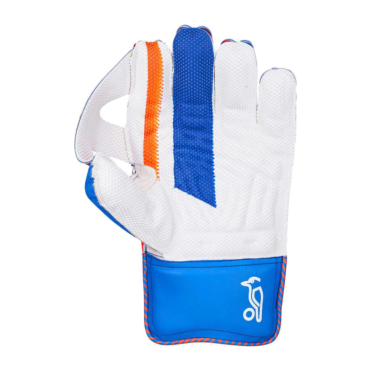 The Kookaburra LC 3.0 Wicket Keeping Gloves 2026 feature a white design with blue and orange accents, textured blue on the middle and index fingers, an orange side stripe, and a blue wrist patch with a white Kookaburra logo.