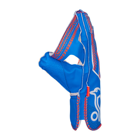 A blue, red, and white Kookaburra LC 3.0 Wicket Keeping Glove 2026 stands upright with visible thumb and two fingers, showing the Kookaburra bird logo and patterned accents against a plain white background.