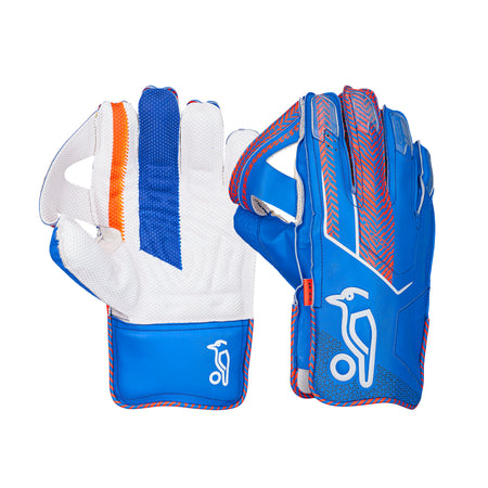 The Kookaburra LC 3.0 Wicket Keeping Gloves 2026 by Kookaburra feature blue, white, and orange colors, a bird logo, and textured padding on palm and back for grip and protection.