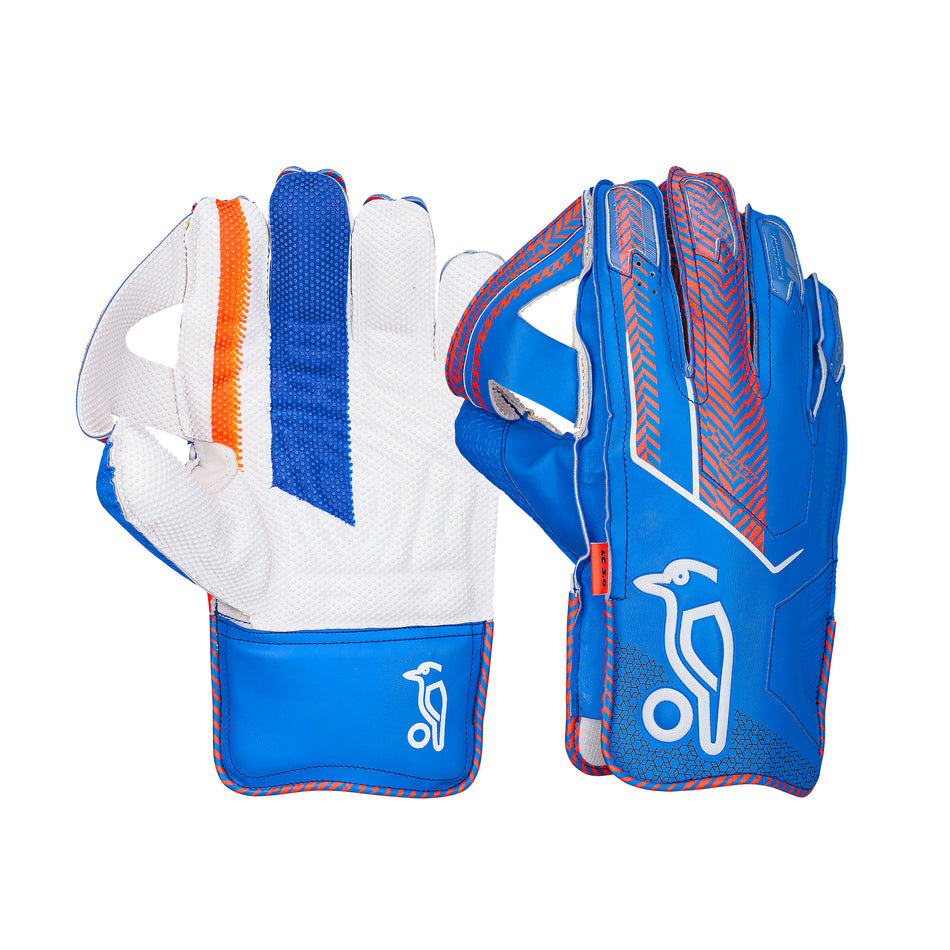 The Kookaburra LC 3.0 Wicket Keeping Gloves 2026 by Kookaburra feature blue, white, and orange colors, a bird logo, and textured padding on palm and back for grip and protection.
