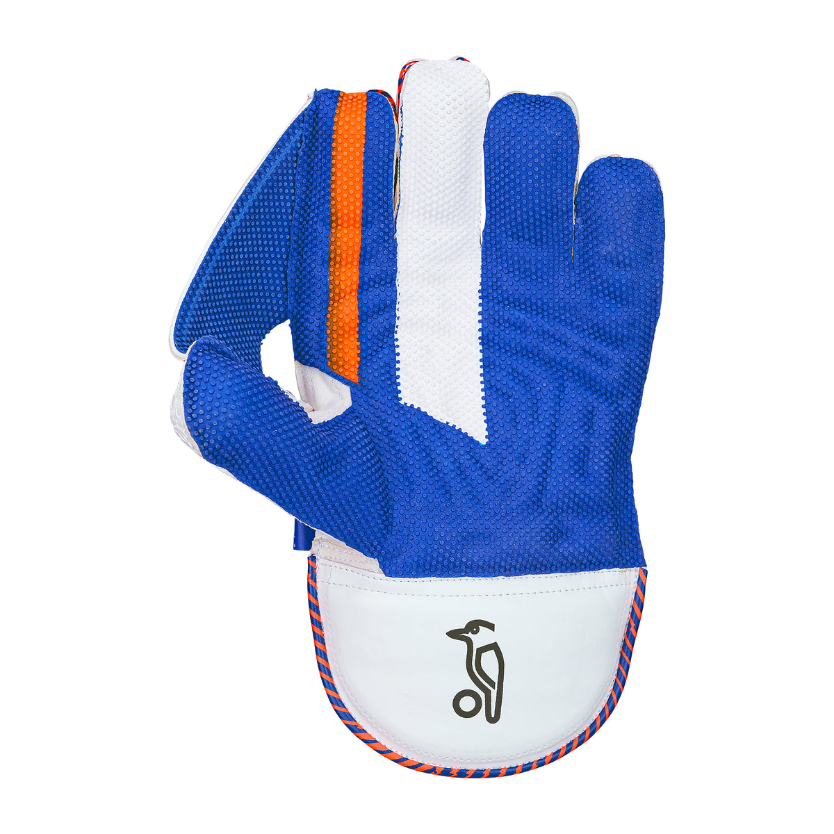 The Kookaburra SC 3.1 Wicket Keeping Gloves 2026 by Kookaburra are blue and white with an orange finger stripe, penguin logo on the white wrist, and multicolored cuff trim. Glove is displayed palm up against a white background.