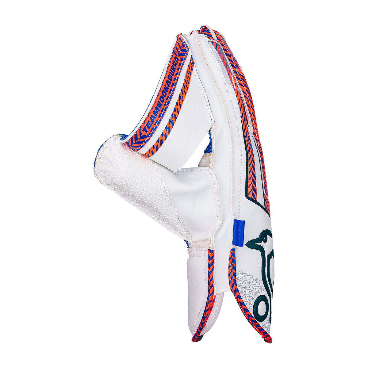The Kookaburra SC 3.1 Wicket Keeping Glove 2026 by Kookaburra stands upright against a plain white background, featuring a white and red design with blue and black accents in the style of Shorti cut gloves.