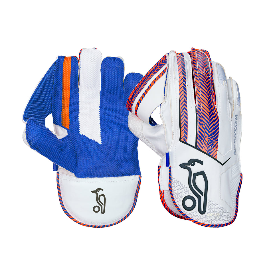 Two Kookaburra SC 3.1 Wicket Keeping Gloves 2026 are shown: one displays the blue, white, and orange Octopus Grade 1 rubber palm; the other shows a white back with colorful patterns and the Kookaburra logo.
