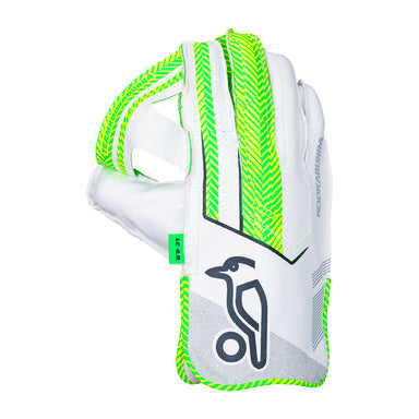 The Kookaburra LC 4.0 Wicket Keeping Gloves 2026 are white with neon green accents, a black bird logo, and Kookaburra branding on the back, available in Adult and Youth sizes.