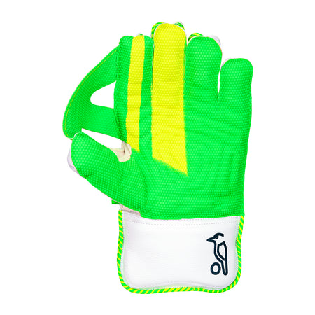 The Kookaburra LC 4.0 Wicket Keeping Gloves 2026 by Kookaburra feature green and yellow colors with a white wristband and black logo, palm side up. Available in Small Junior, Youth, and Adult sizes.