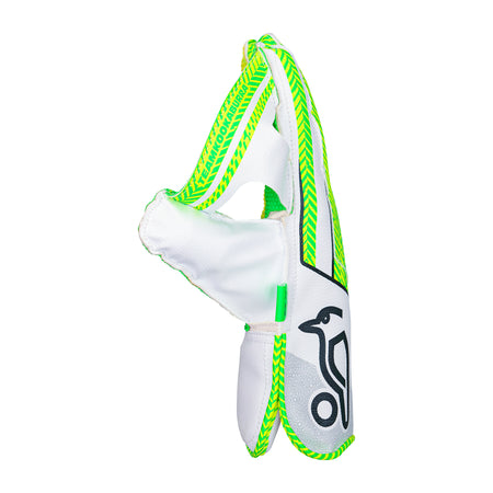 The Kookaburra LC 4.0 Wicket Keeping Gloves 2026 by Kookaburra, in white and green with black accents and a stylized bird logo on the palm, are available in Youth and Small Junior sizes.