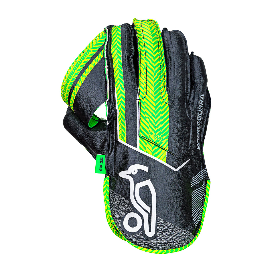 The Kookaburra SC 4.1 Wicket Keeping Gloves 2026 feature a black and neon green design with a bold white logo, textured grip, and patterned accents—ideal for the stylish, performance-focused wicket keeper.
