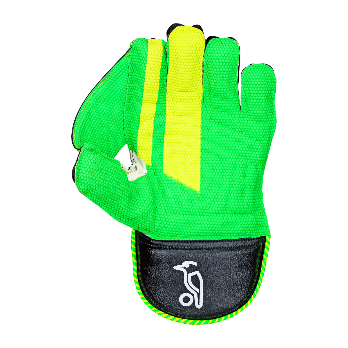 The Kookaburra SC 4.1 Wicket Keeping Gloves 2026 are bright green with yellow stripes, a black padded palm, and a white bird logo. The gloves are open and shown against a plain white background.