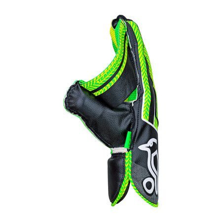 The Kookaburra SC 4.1 Wicket Keeping Gloves 2026 feature a black and neon green design with a white bird logo, shown from the side against a white background.