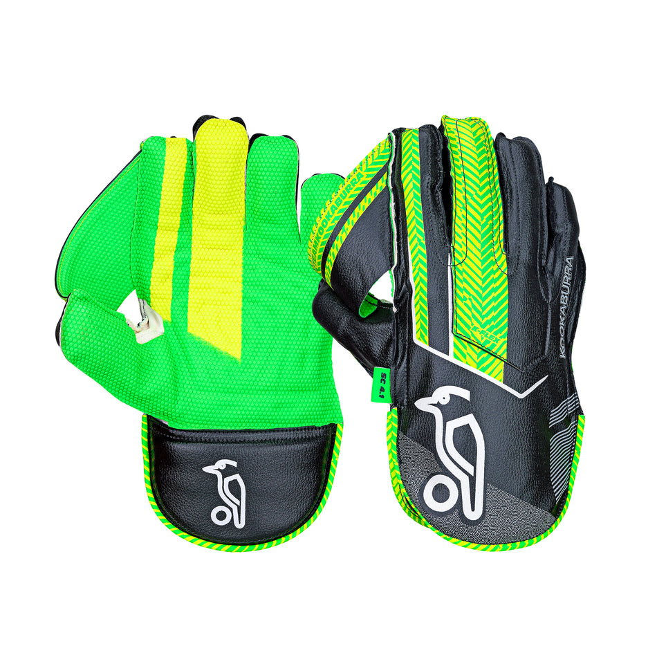 The Kookaburra SC 4.1 Wicket Keeping Gloves 2026 by Kookaburra, in green, yellow, and black with white bird logos, feature textured surfaces and protective padding. Shown palm up and down on a white background.