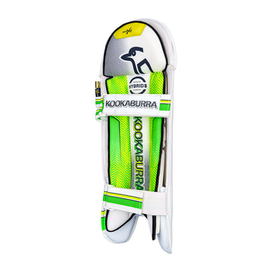 The Kookaburra Pro Wicket Keeping Pads are professional green, white, and yellow pads with straps, shock-absorbent protection, the Kookaburra logo, and "Hybrid" printed on the top section.