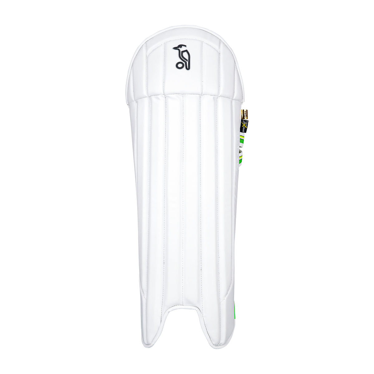 The Kookaburra Pro Wicket Keeping Pads feature white vertical padding, a black Kookaburra logo near the top, and green side accents. These pads provide shock absorbent protection and are shown against a plain white background.