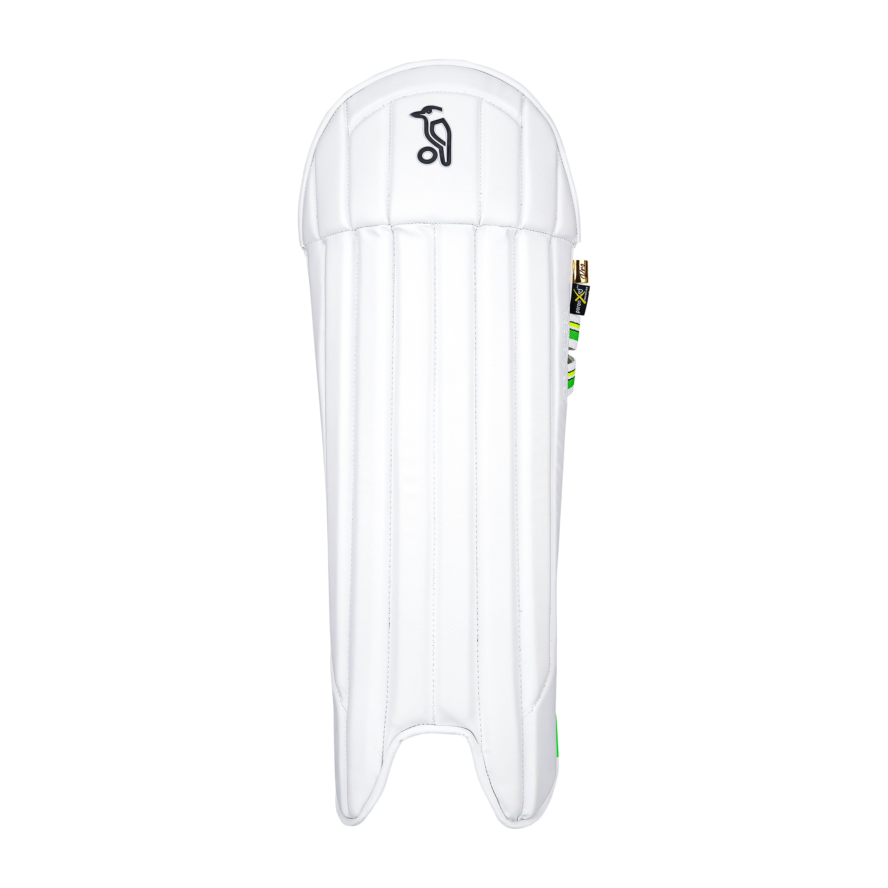 The Kookaburra Pro Wicket Keeping Pads feature white vertical padding, a black Kookaburra logo near the top, and green side accents. These pads provide shock absorbent protection and are shown against a plain white background.