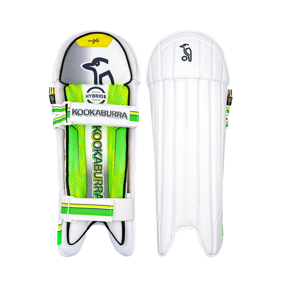 A pair of Kookaburra Pro Wicket Keeping Pads, one showing the white and green Kookaburra logo design on the front, the other displaying the plain white back with straps and shock-absorbent protection.