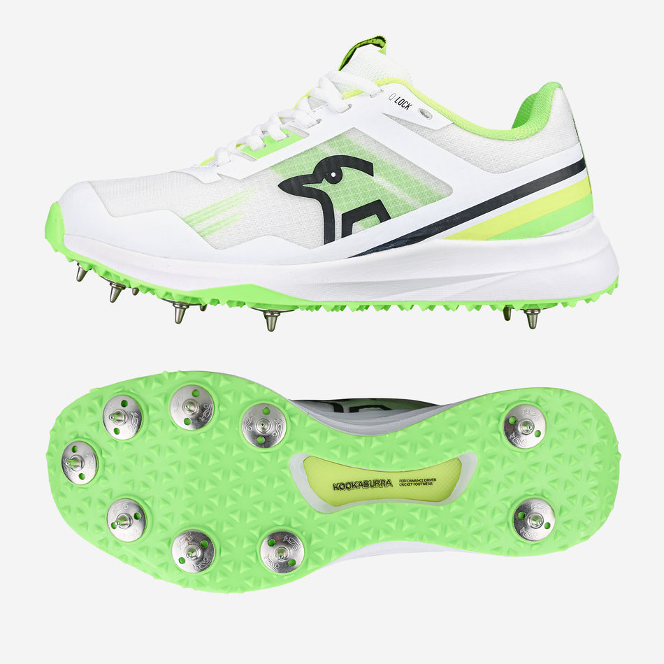 The Kookaburra KC 2.0 Cricket Spikes by Kookaburra feature a yellow/green design with metal spikes and a textured sole for superior traction. The side view shows the sleek shoe and brand logo, while the bottom highlights the spiked grip.