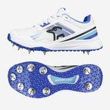 Kookaburra KC 2.0 Cricket Spikes by Kookaburra in Blue/Sky, shown from the side with a black logo and from below with eight metal studs for traction and a shock-absorbing midsole for comfort on sports surfaces.