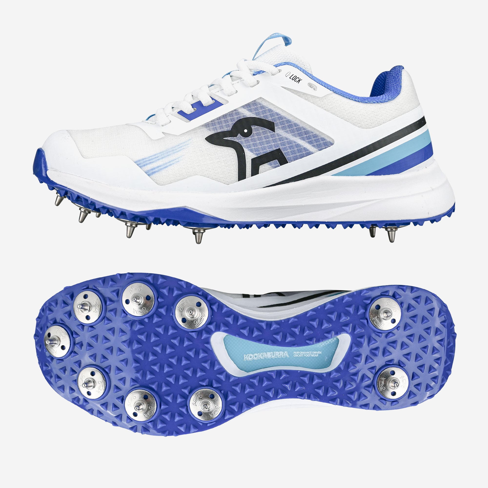 Kookaburra KC 2.0 Cricket Spikes by Kookaburra in Blue/Sky, shown from the side with a black logo and from below with eight metal studs for traction and a shock-absorbing midsole for comfort on sports surfaces.