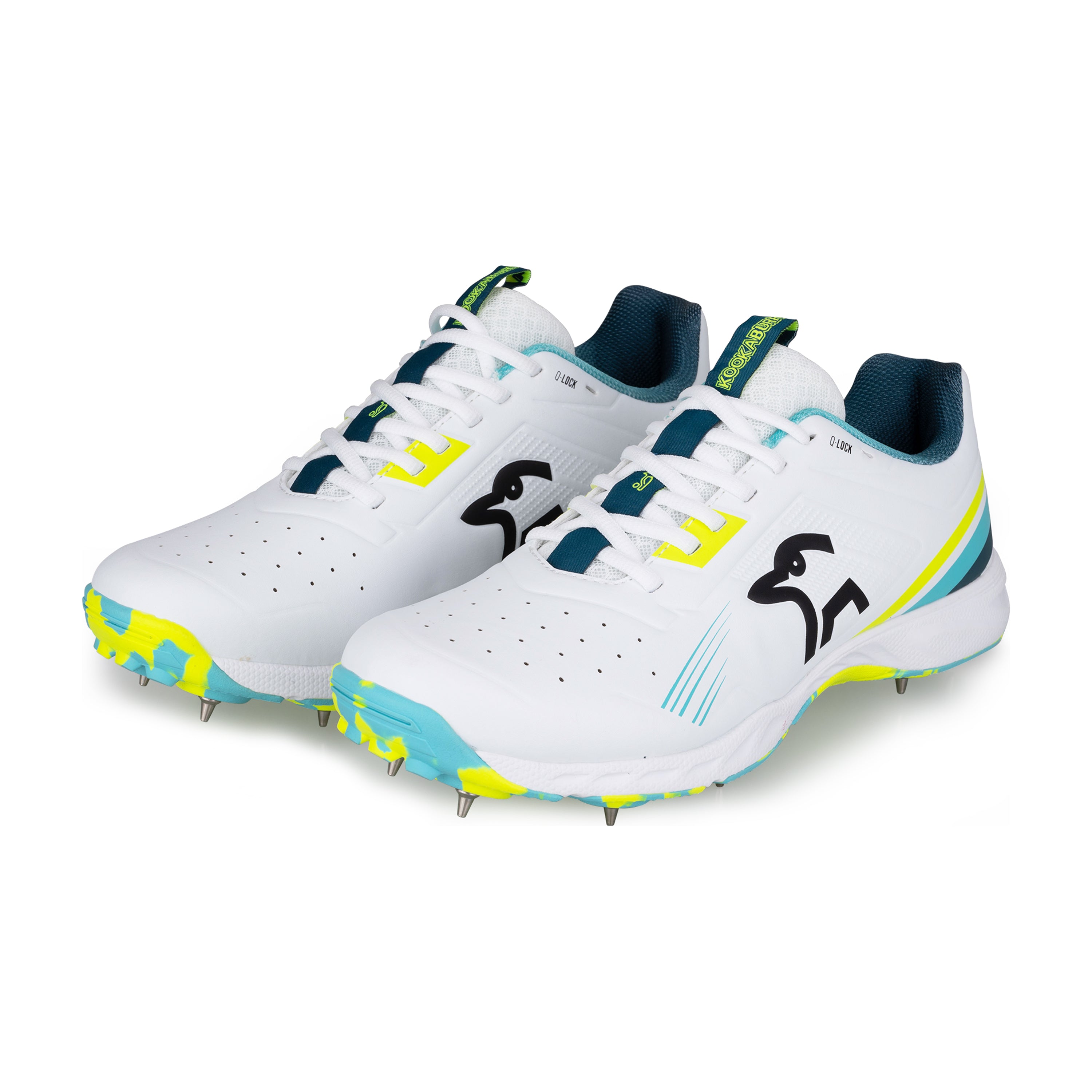 The Kookaburra KC 3.0 Cricket Spikes 2026 are lightweight Aqua/Yellow shoes with metal spikes and a stylized black kangaroo logo, designed by Kookaburra for club players and sports activities.
