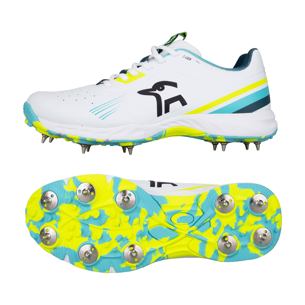 The Kookaburra KC 3.0 Cricket Spikes 2026, a lightweight white shoe with blue and yellow details, features metal spikes and a bold yellow, blue, and white camo sole for excellent grip—perfect for club players.