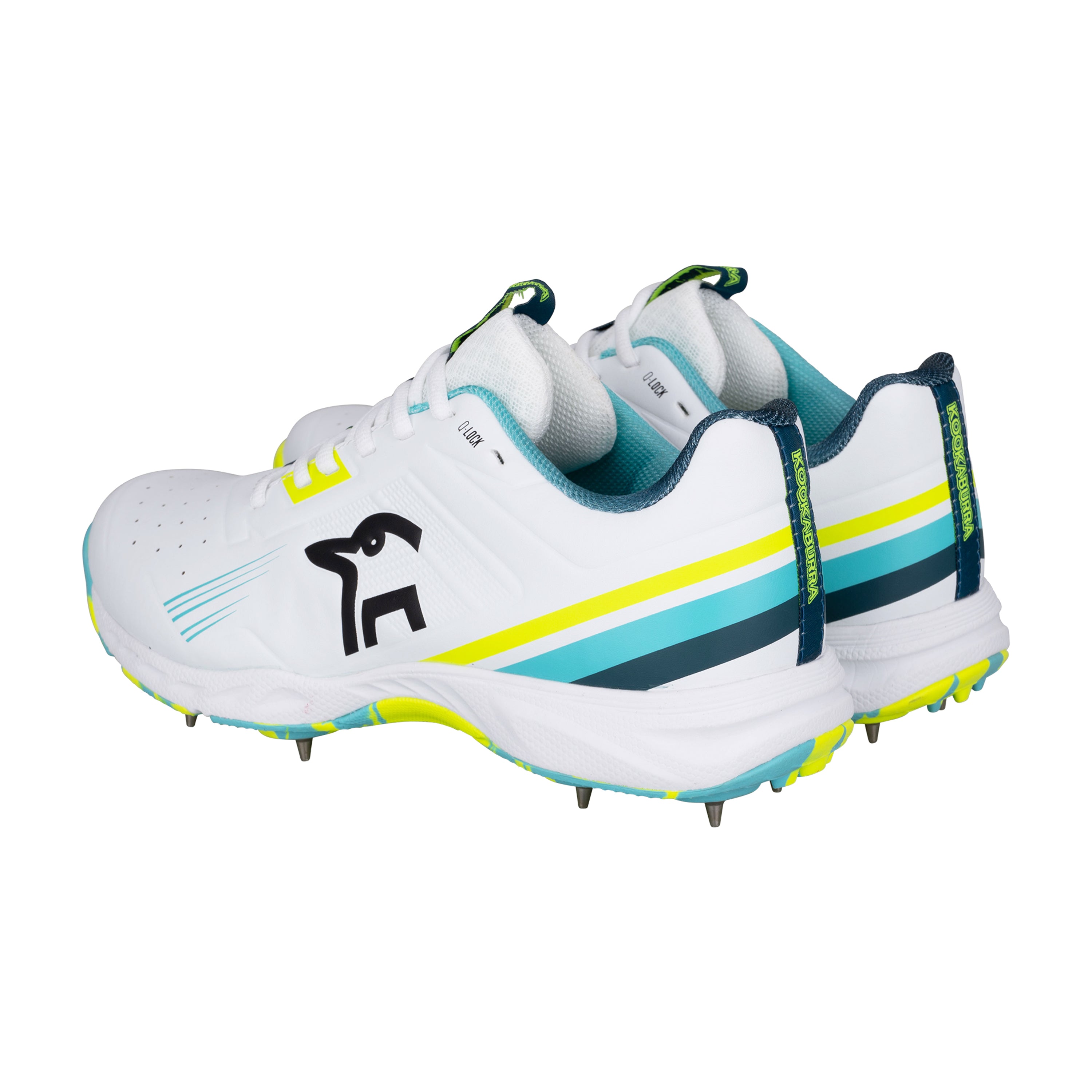 The Kookaburra KC 3.0 Cricket Spikes 2026 are white, lightweight shoes with blue, yellow, and green accents, metal spikes, and a black Kookaburra logo. Perfect for club players; shown side by side facing slightly left.