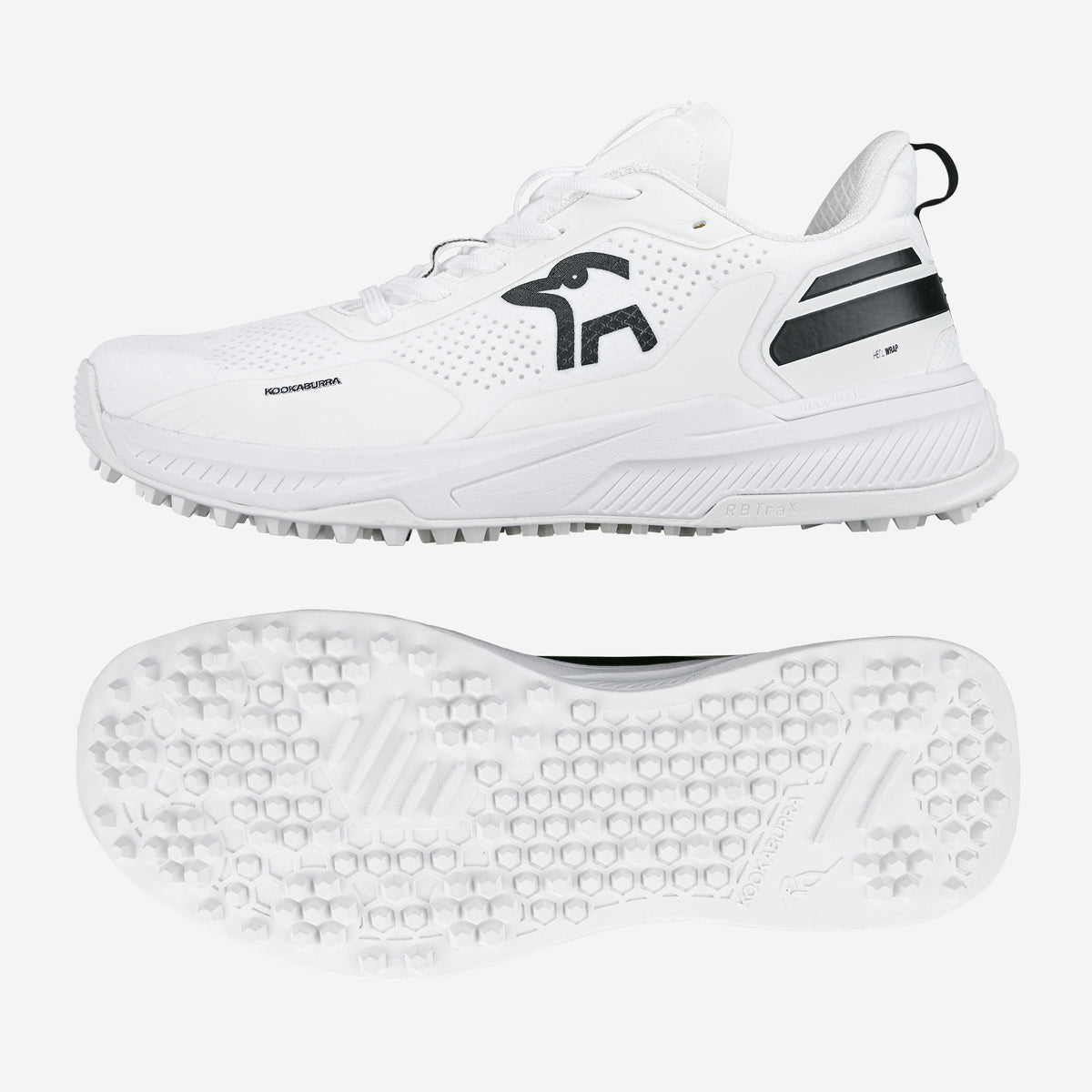 The Kookaburra KC Players Rubber Soled Cricket Shoes, shown in white with black accents, feature the brand’s logo and a textured, grippy sole—ideal for professional-grade cricket performance.